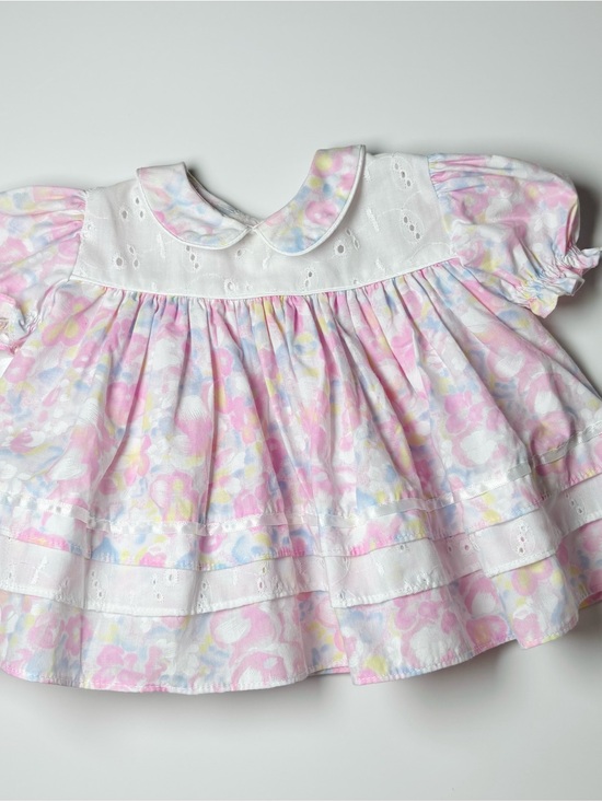 Vintage Other - Vintage 80s 90s Pastel Floral Watercolor Eyelet Lace Pinafore Dress 0-3M